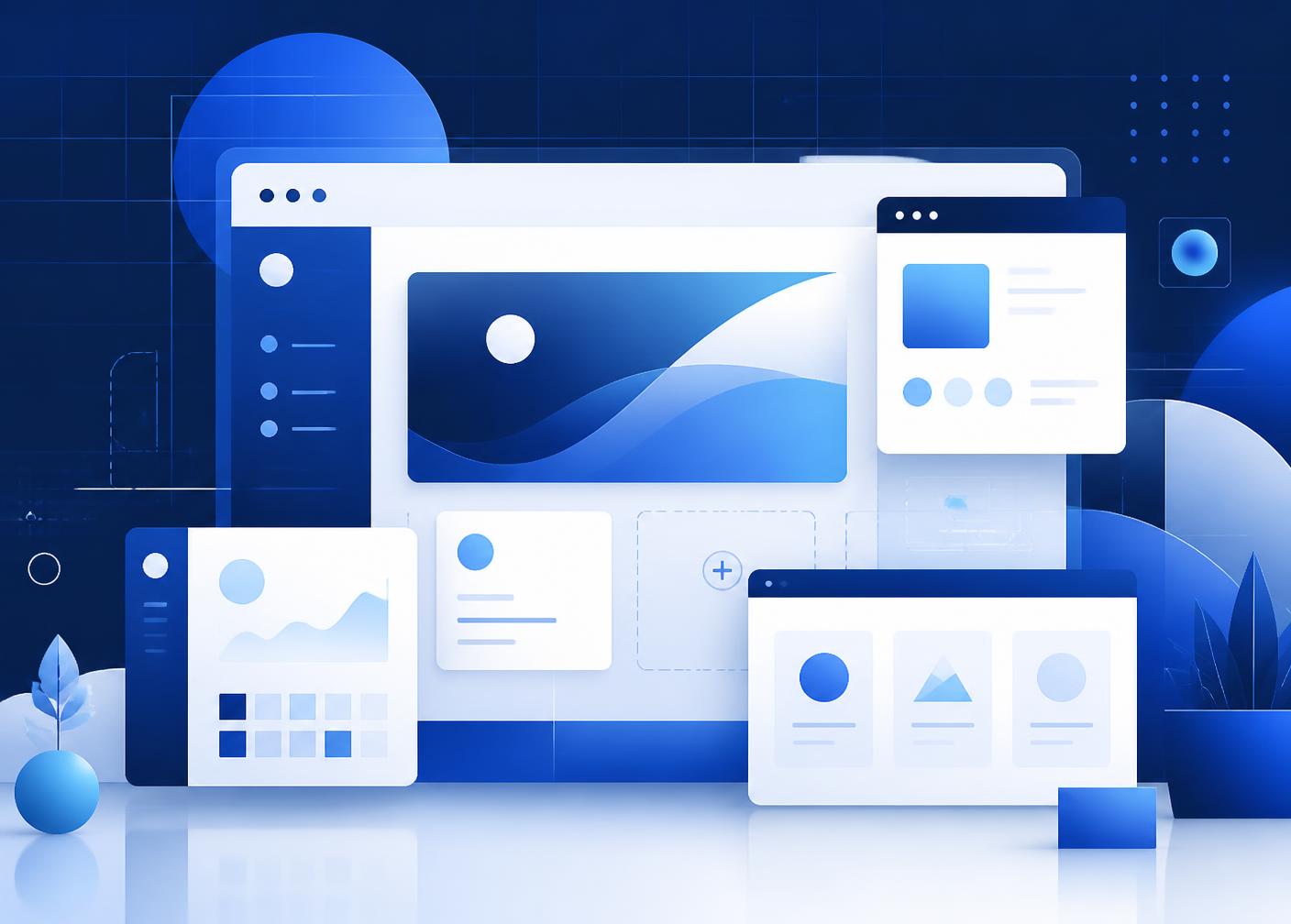 Layered website interface panels in deep blue and white